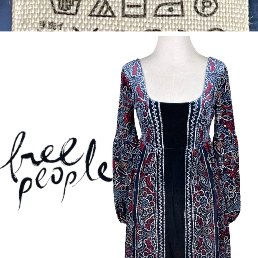 Free People Oh So Easy Babydoll Dress Blue Velvet XS Puff Sleeve Renaissance - Picture 6 of 7